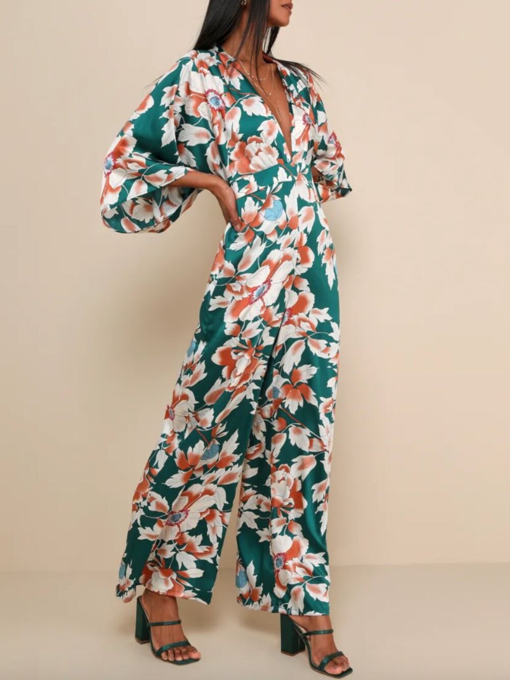 From Sunrise Teal Floral Print Bell Sleeve Wide-Leg Jumpsuit NWOT
